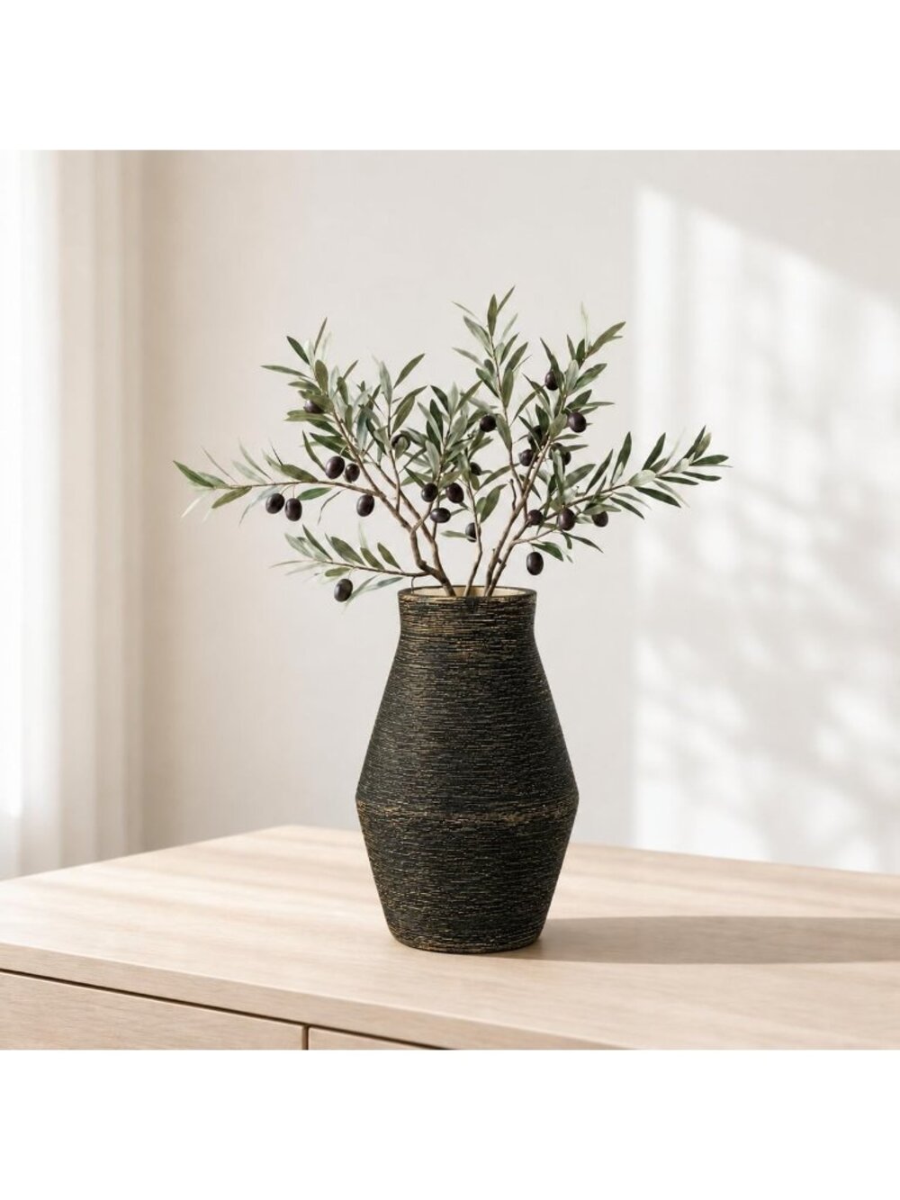 10 Inch Black Ceramic Rustic Farmhouse Flower Vase For End Table Home Decor
